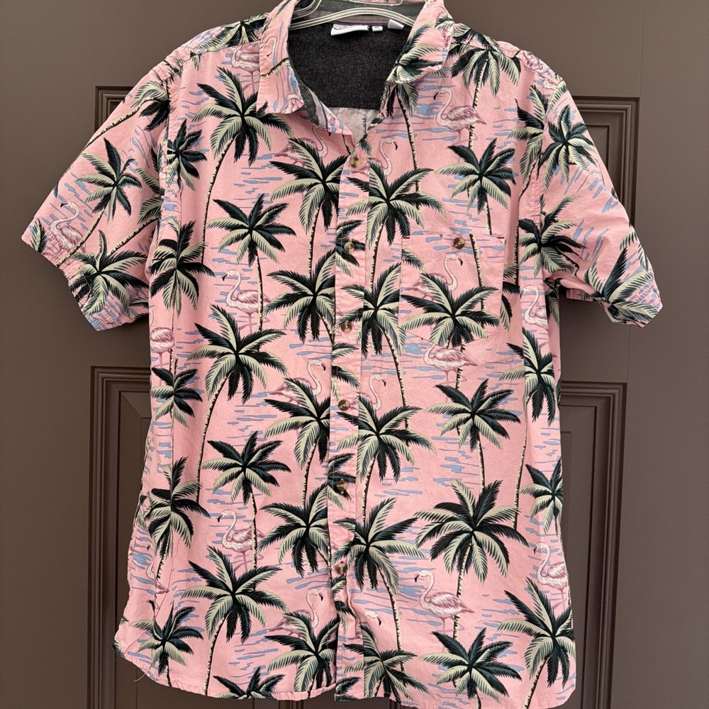 Ron Jon Surf Shop Palm Tree Flamingo Short Sleeve Button Up Shirt XL